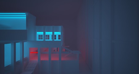 Abstract architectural white interior of a minimalist house with color gradient neon lighting. 3D illustration and rendering.