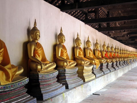 A row of Buddhas in a temple in Bangkok