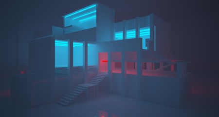 Abstract architectural white interior of a minimalist house with color gradient neon lighting. 3D illustration and rendering.