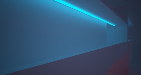 Abstract architectural concrete and white interior of a minimalist house with color gradient neon lighting. 3D illustration and rendering.