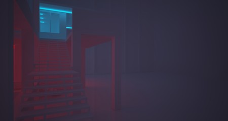 Abstract architectural concrete and white interior of a minimalist house with color gradient neon lighting. 3D illustration and rendering.