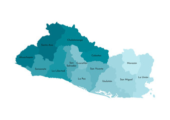 Vector isolated illustration of simplified administrative map of El Salvador. Borders and names of the departments (regions). Colorful blue khaki silhouettes