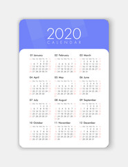 Vector calendar 2020 year. Week starts from Sunday