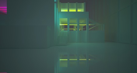 Abstract architectural concrete and white interior of a minimalist house with color gradient neon lighting. 3D illustration and rendering.