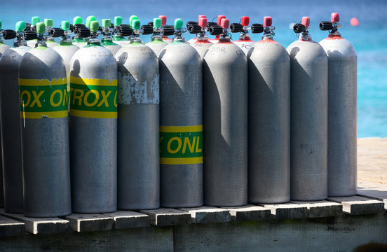 Scuba cylinders on a jetty, Bonaire Netherlands Antilles