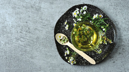 Chamomile tea. Medicinal herbal drink. Detox tea with chamomile.