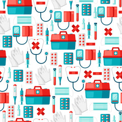 First aid kit equipment seamless pattern.