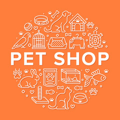 Pet shop vector circle banner with flat line icons. Dog house, cat food, bird, rabbit, fish, animal paw, bowl illustrations. Thin signs for veterinary poster isolated on orange background