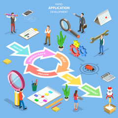 Isometric flat vector concept of rapid software application develompment model, RAD, engineering design approach with following steps analysis, demonstrate, build, refine, testing, implementation.