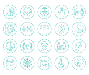 Charity flat line icons set. Donation, nonprofit organization, NGO, giving help vector illustrations. Outline signs in circle for donating money, volunteer community