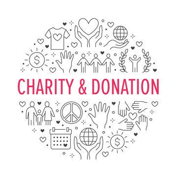 Charity vector circle banner with flat line icons. Donation, nonprofit organization, NGO, giving help illustration. Outline signs for donating money, volunteer community poster