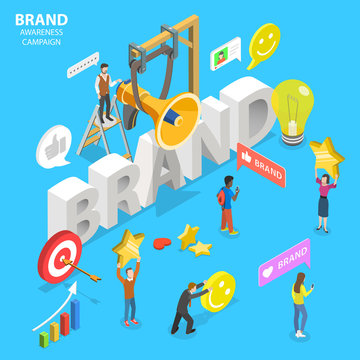 Isometric Flat Vector Concept Of Brand Awareness Campaign, Online Branding And Marketing, Company Digital Promotion.