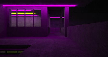 Abstract architectural concrete interior of a minimalist house with color gradient neon lighting. 3D illustration and rendering.