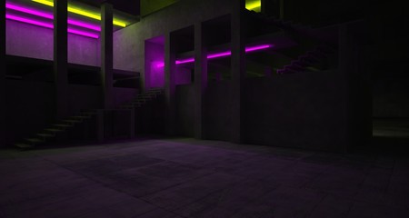 Abstract architectural concrete interior of a minimalist house with color gradient neon lighting. 3D illustration and rendering.