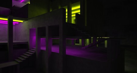 Abstract architectural concrete interior of a minimalist house with color gradient neon lighting. 3D illustration and rendering.