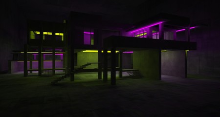 Abstract architectural concrete and white interior of a minimalist house with color gradient neon lighting. 3D illustration and rendering.