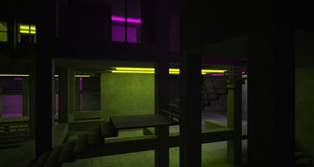 Abstract architectural concrete and white interior of a minimalist house with color gradient neon lighting. 3D illustration and rendering.