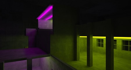 Abstract architectural concrete and white interior of a minimalist house with color gradient neon lighting. 3D illustration and rendering.