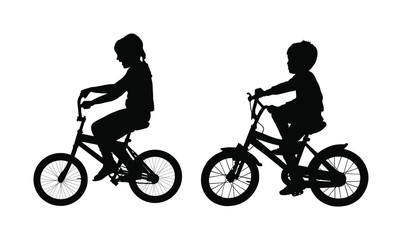 Fototapeta na wymiar Little boy and girl riding bicycle vector silhouette illustration isolated on white background. Brother and sister enjoying in bike drive. Happy family kids active outdoor. Leisure time for children.