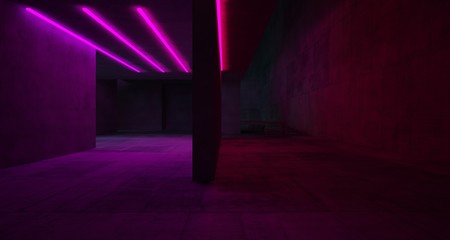 Abstract architectural concrete and white interior of a minimalist house with color gradient neon lighting. 3D illustration and rendering.