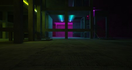 Naklejka premium Abstract architectural concrete and white interior of a minimalist house with color gradient neon lighting. 3D illustration and rendering.
