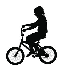 Little girl riding bicycle vector silhouette illustration isolated on white background. happy kid on bike. Child laughing. Daughter birthday gift first expression. 