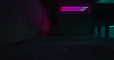 Abstract architectural concrete and white interior of a minimalist house with color gradient neon lighting. 3D illustration and rendering.