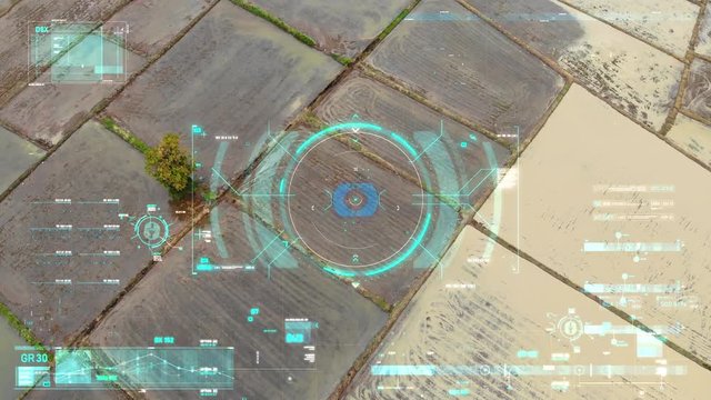 Drone shot flying aerial view with User interface text graph bar and target pointer element futuristic and cyber technology 