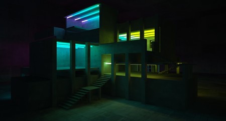 Abstract architectural concrete and white interior of a minimalist house with color gradient neon lighting. 3D illustration and rendering.