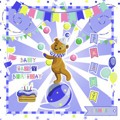 Мишка цирковой клоун жонглер в векторе. Изолированный объект для поздравительной открытки или дизайн фона приглашения. Плюшевый мишка в цирковом стиле. Рисованной иллюстрации