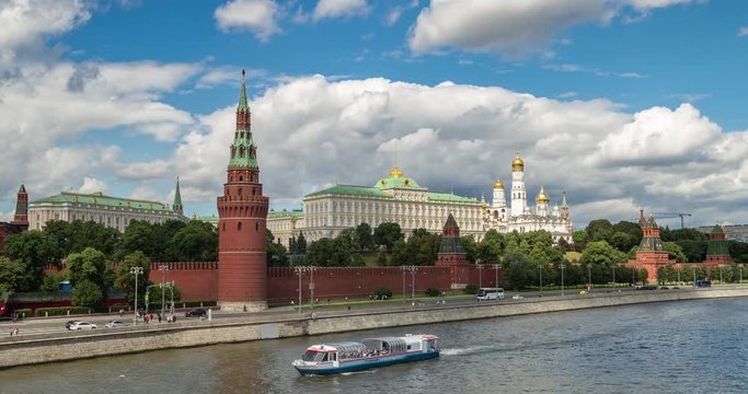 Kremlin, Moscow, Russia. Time laps RAW 4K. The best view of the Kremlin from a bridge over the Moscow River. Clouds over the city