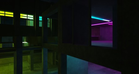 Abstract architectural concrete and white interior of a minimalist house with color gradient neon lighting. 3D illustration and rendering.