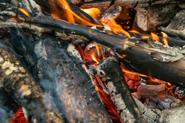Fire flame. Smouldering coals. Close-up.