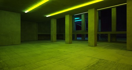 Abstract architectural concrete and white interior of a minimalist house with color gradient neon lighting. 3D illustration and rendering.