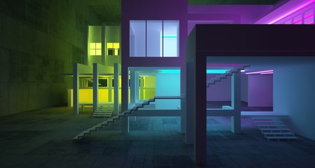 Abstract architectural concrete and white interior of a minimalist house with color gradient neon lighting. 3D illustration and rendering.