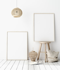 Mock-up poster frame in decorated room, Scandinavian style, 3d render