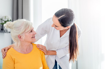Smiling nurse talking with senior female during home visit