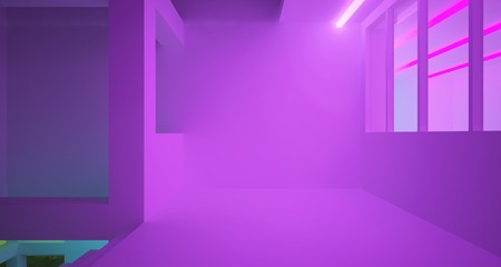 Abstract architectural concrete and white interior of a minimalist house with color gradient neon lighting. 3D illustration and rendering.