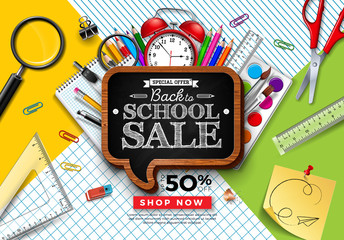 Back to School Sale Design with Colorful Pencil, Brush and other Learning Items on Square Grid and Line Background. Vector Illustration with Special Offer Typography Elements for Coupon, Voucher