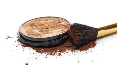 Face powder makeup with brush and container isolated on white background