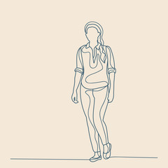 vector, isolated, sketch with lines, girl, woman walking, alone