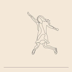 Fototapeta na wymiar vector, isolated, sketch with lines, girl, woman jumping, rejoices