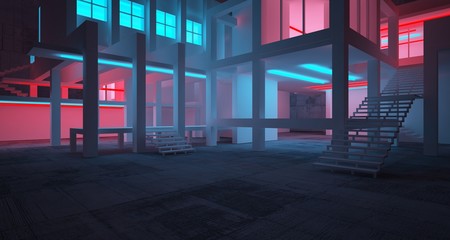 Abstract architectural concrete and white interior of a minimalist house with color gradient neon lighting. 3D illustration and rendering.