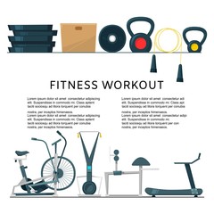 Fitness workout in club or center background banner vector illustration. Gym with crossfit, weights equipment and bike. Various fitness machines for bodybuilding and exercises.