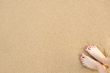 Fototapeta na wymiar Selfie Woman Feet on Sea Sand Beach Background