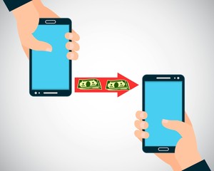 Handphone payment banner vector illustration. People sending and receiving money wireless with their mobile phones. Hand tholding smart phone. Quick money transfer. Business purchasing.