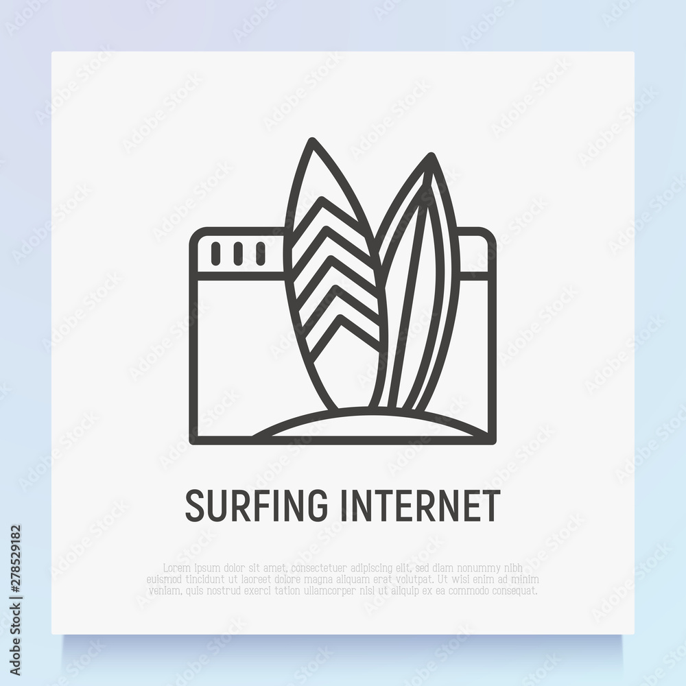 Sticker internet surfing thin line icon: surf on web page. modern vector illustration.