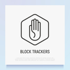 Ad block thin line icon: hand stop sign. Modern vector illustration.