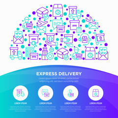 Express delivery concept in half circle with thin line icons: parcel, truck, out for delivery, searchong of shipment, courier, sorting center, dispatchvector illustration.