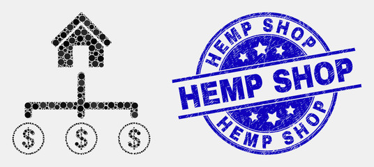 Dotted bank dollar links mosaic icon and Hemp Shop seal stamp. Blue vector rounded distress stamp with Hemp Shop title. Vector collage in flat style.